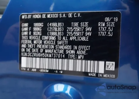 2019 Honda Hr-V Ex из США, поврежденный, VIN 3CZRU6H50KM737014